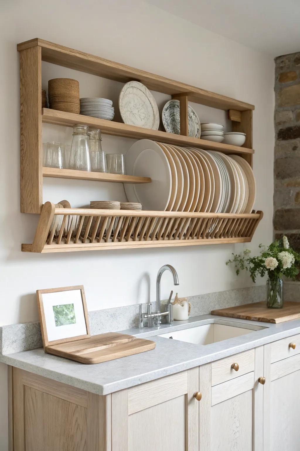 A long oak plate rack rail keeps everyday dishes within reach—and looks effortlessly serene.