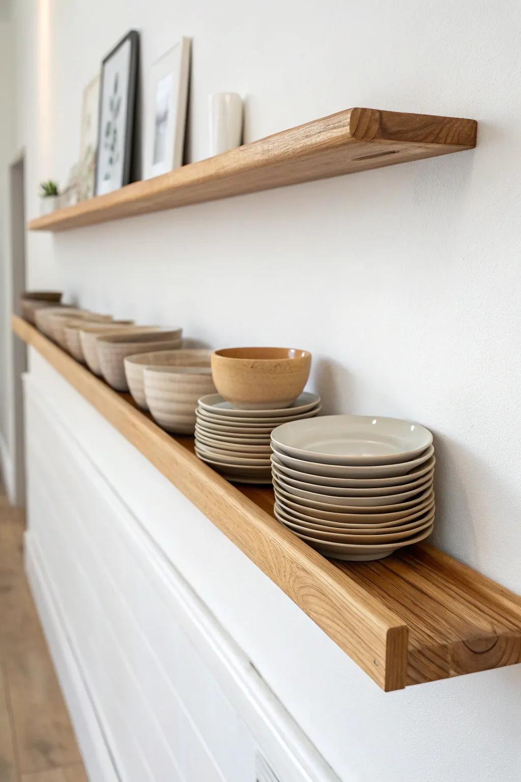A single long oak plate rail styled with stacked ceramics—clean, calm, and craft-forward.