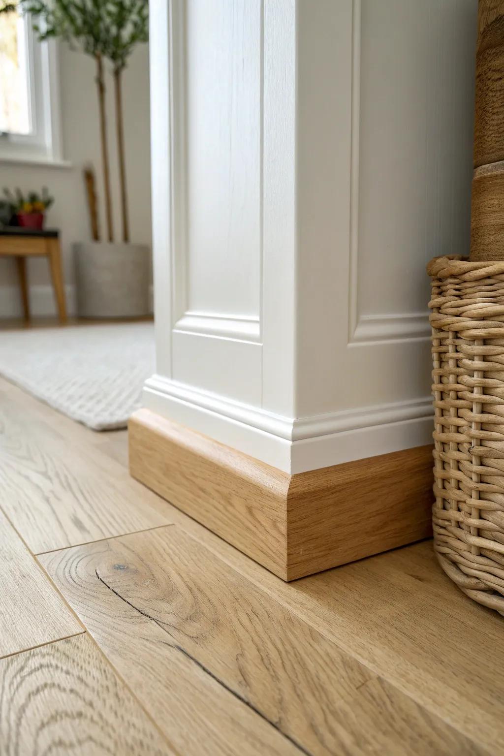Extra-thick plinth block bridges flooring gaps—save old casings with a clean, crafted finish.