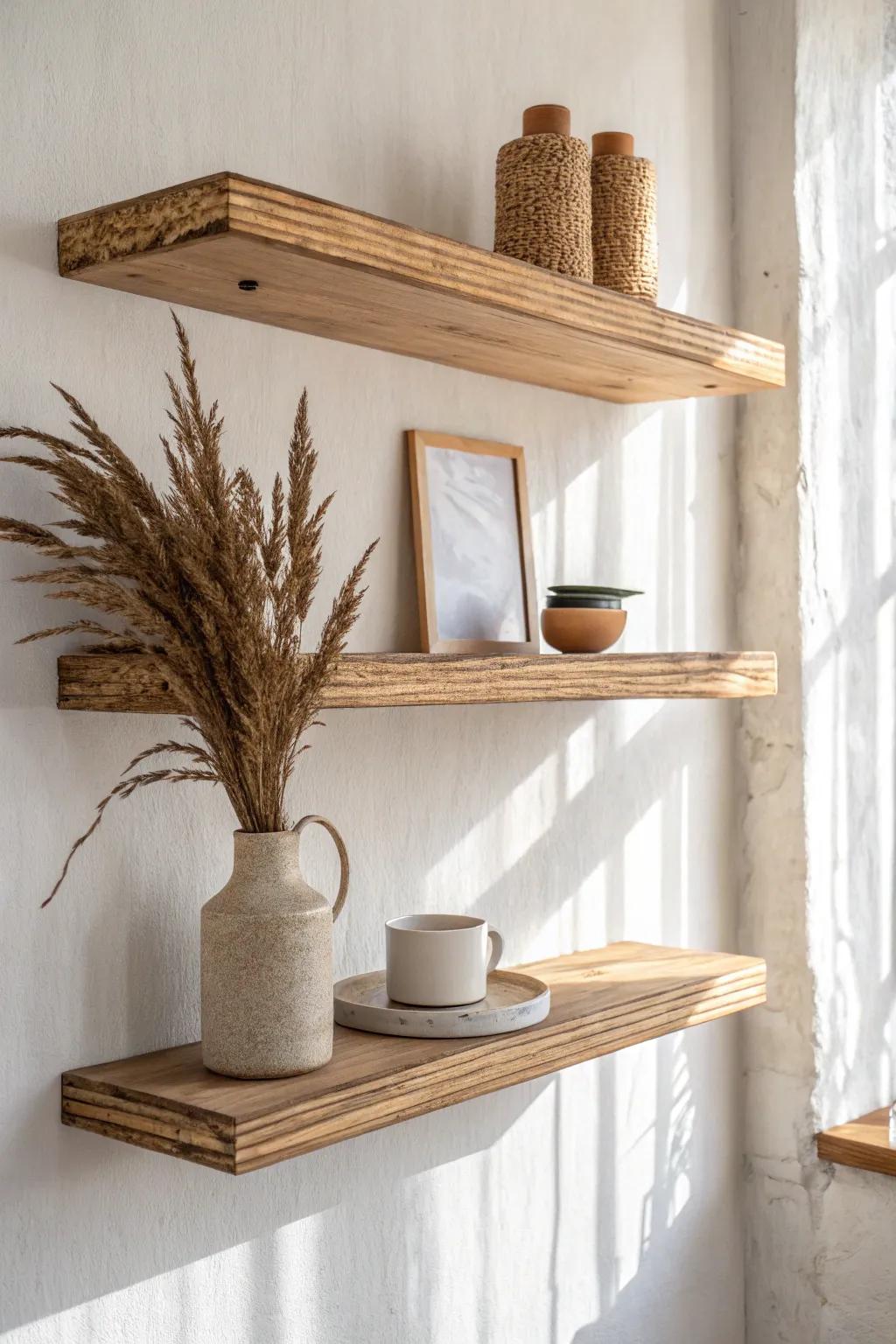 Warm birch plywood open shelves that add instant coziness—minimal, airy, and beautifully crafted.