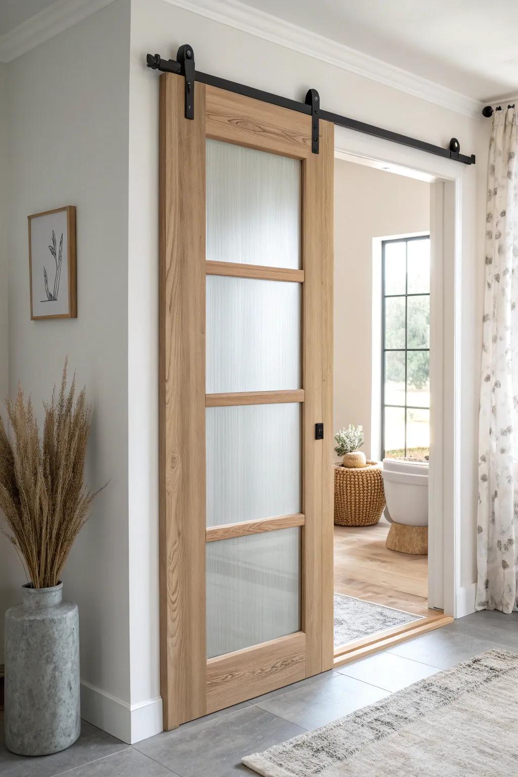 Frosted glass sliding divider in warm oak—private, light-filled, and perfect for small bathrooms.