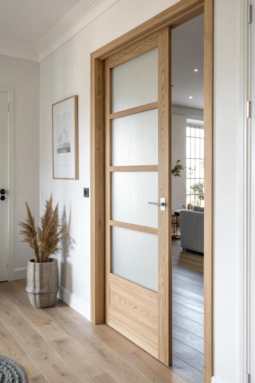 Frosted glass pocket door: privacy in the bath, soft daylight flowing into the hallway.