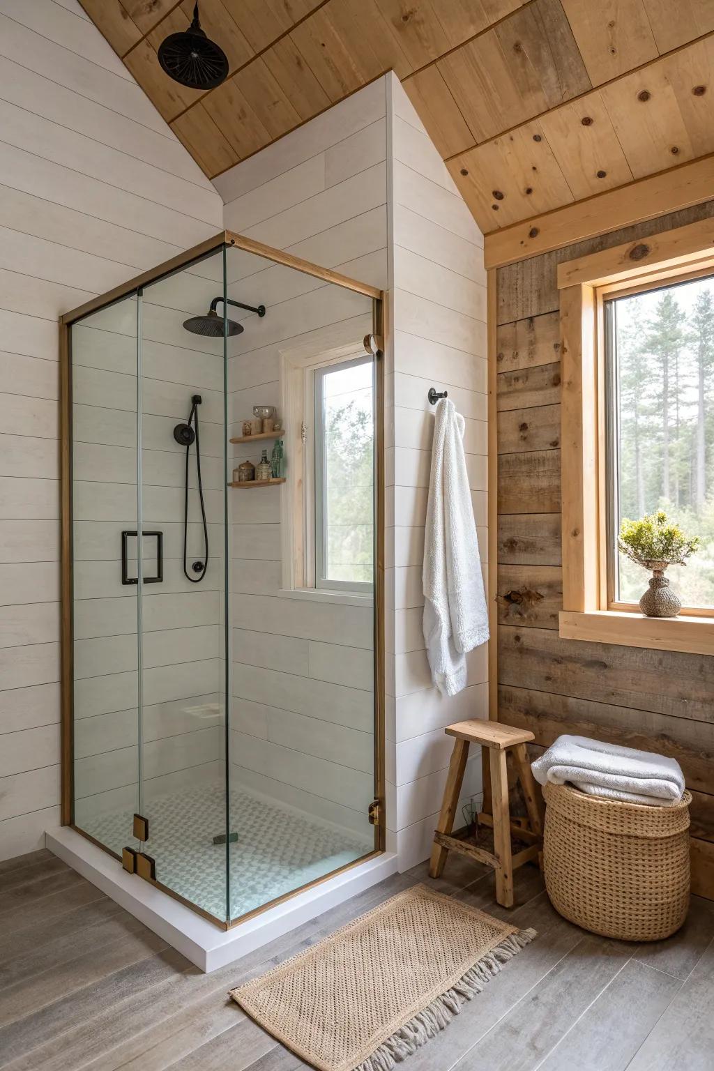 Space-smart corner shower in warm oak and glass—minimal, airy, and perfect for small pole barn baths.