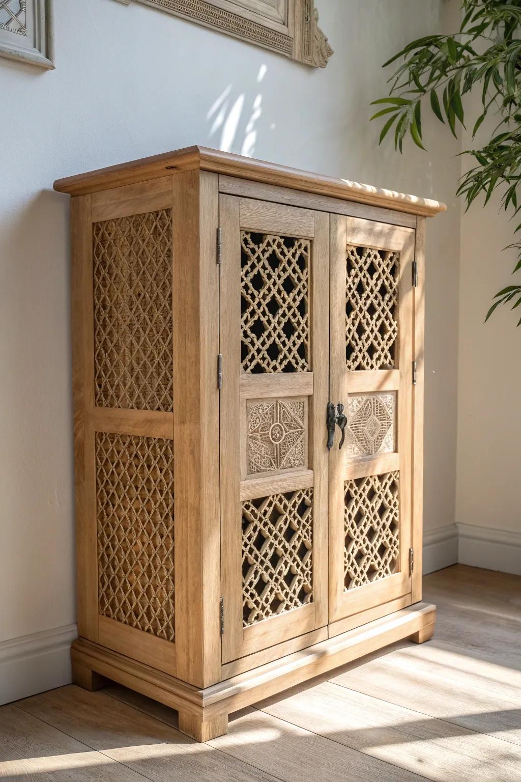 Minimal wooden jali-door mandir—soft privacy with airy light and beautiful lattice shadows.