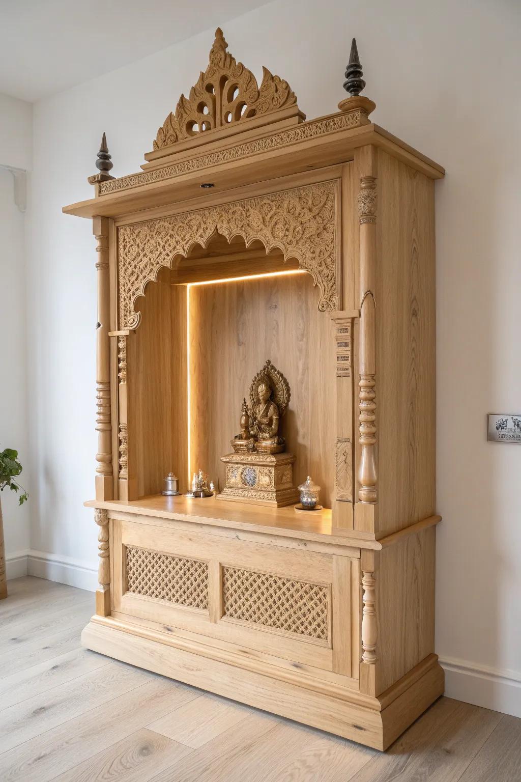 Warm hidden backlighting that wraps your pooja idols in a calm, golden halo glow.