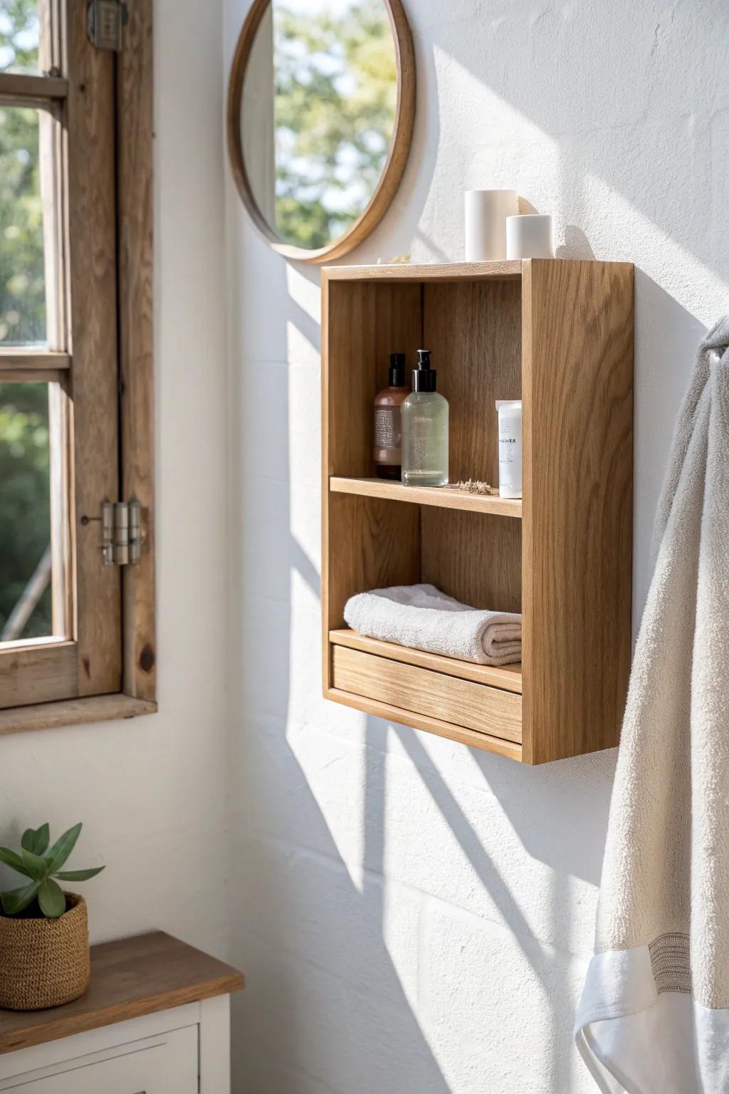A simple oak wall cubby keeps tissues and towels handy—minimal, warm, and beautifully made.