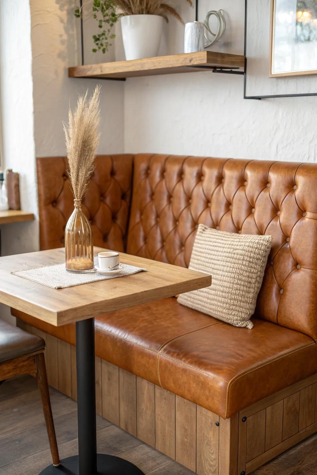 Caramel tufted banquette + handcrafted oak table—your snug, stay‑awhile pub moment.