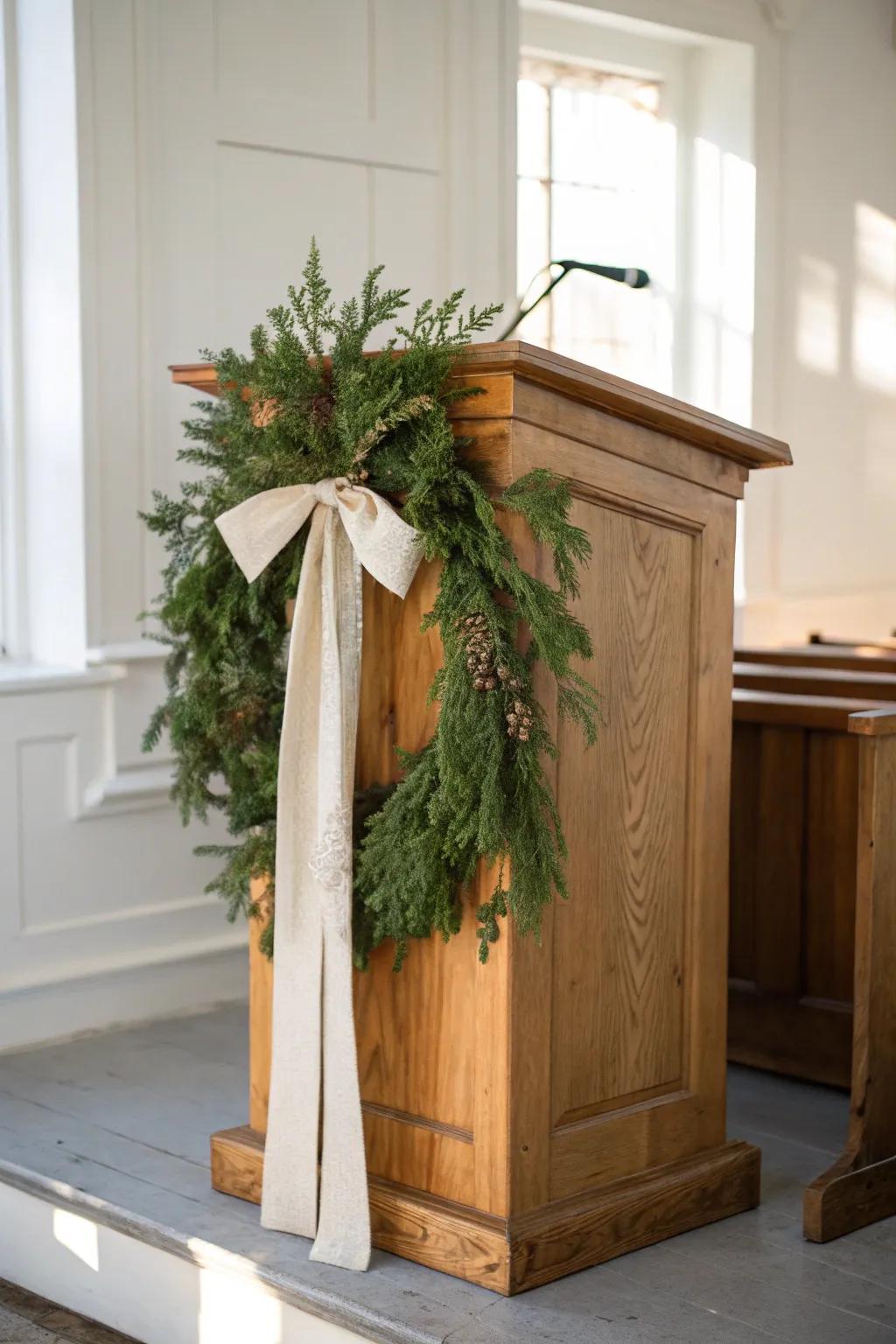 Warm wood pulpit wrapped in fresh evergreen and a wide linen ribbon for simple holiday charm.