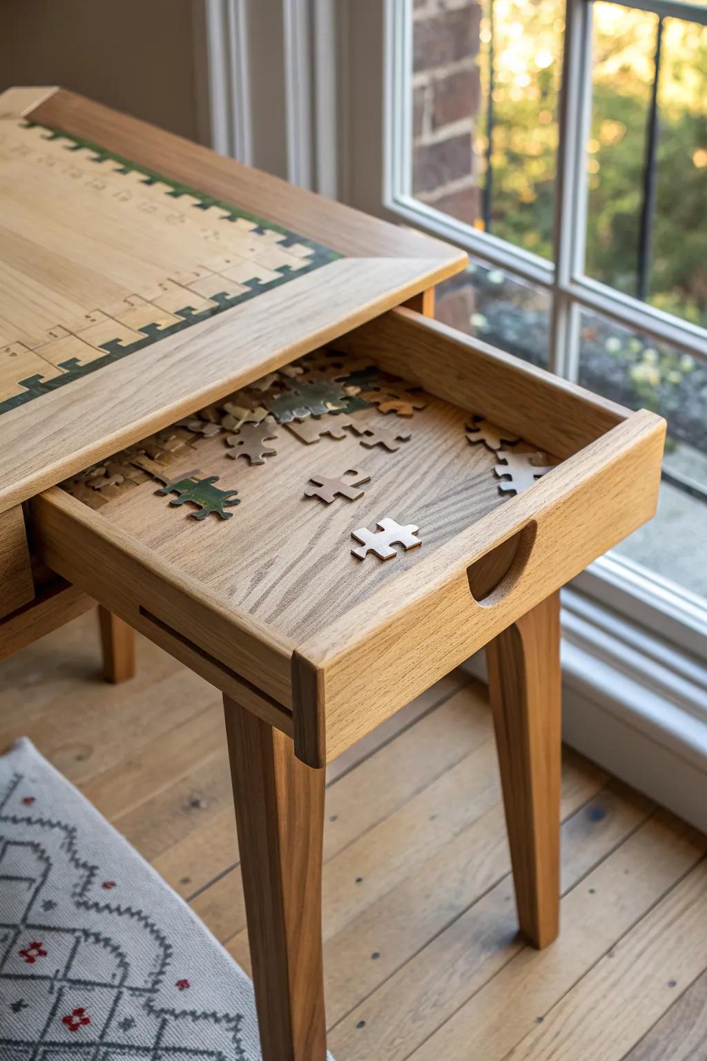 Two-piece split lid puzzle table—easy to lift, beautifully crafted, and made for calm spaces.