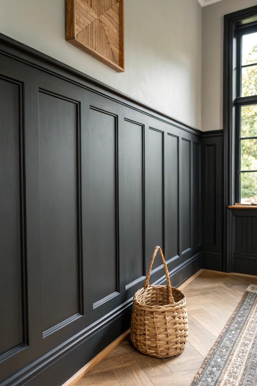 Deep moody paint makes raised panels look like built-in art—crisp lines, bold contrast.