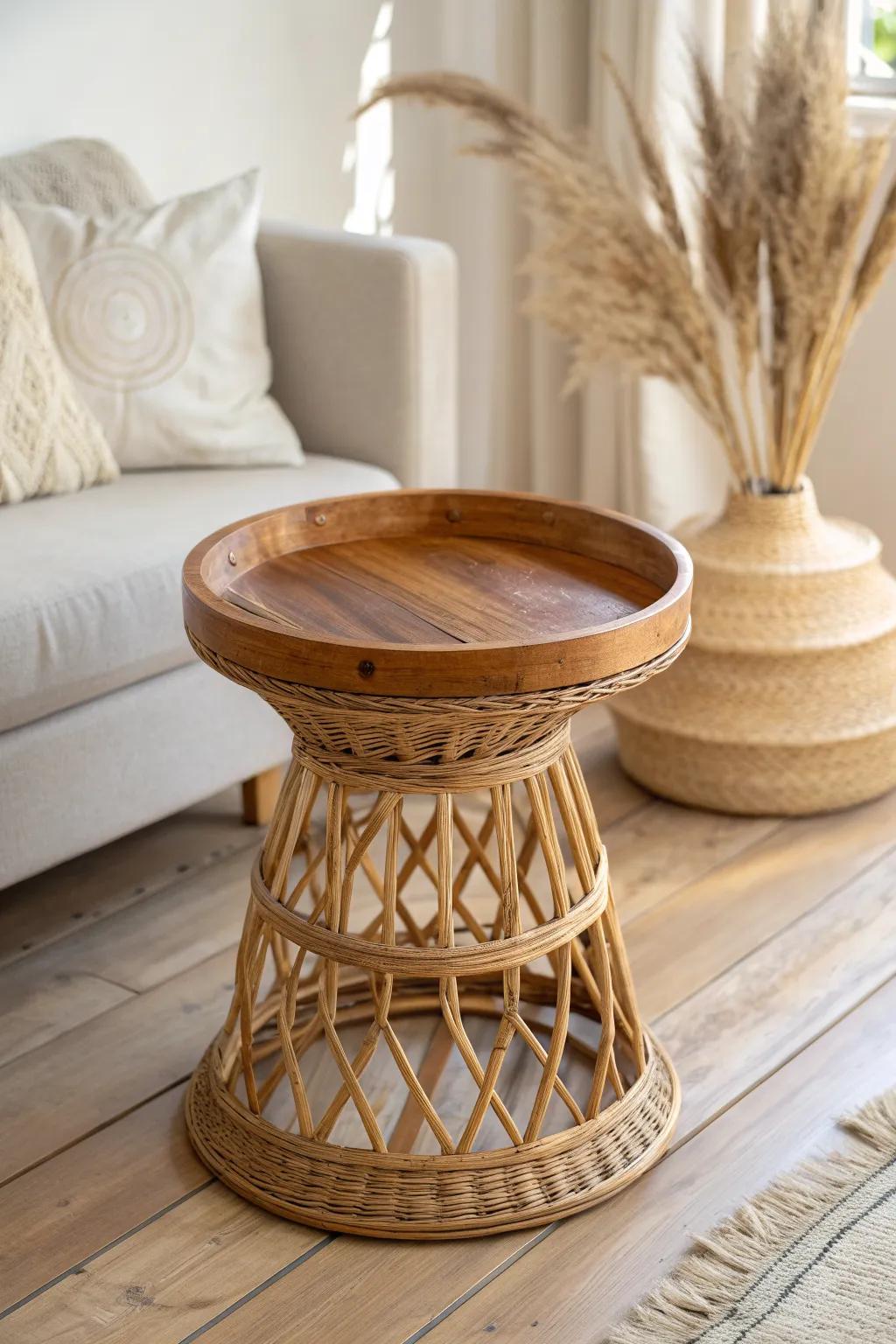 Rattan side table with a reclaimed-wood top—airy, warm, and effortlessly Scandi‑boho.