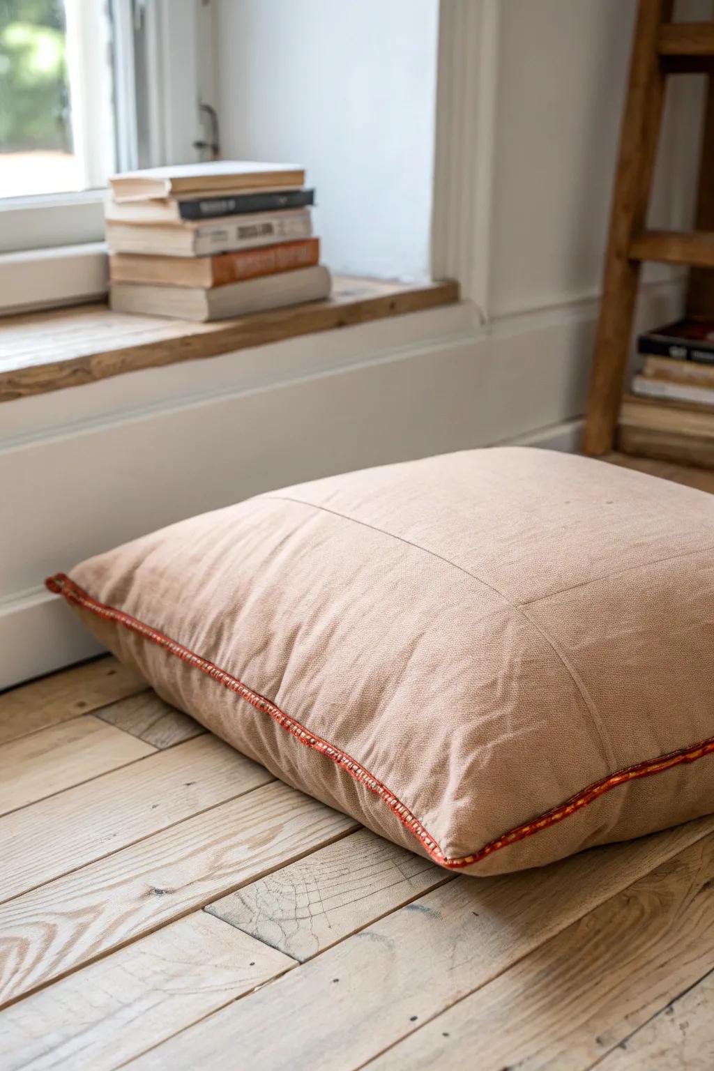 Oversized washable linen floor pillow on oak floor—cozy, movable seating for classroom readers.