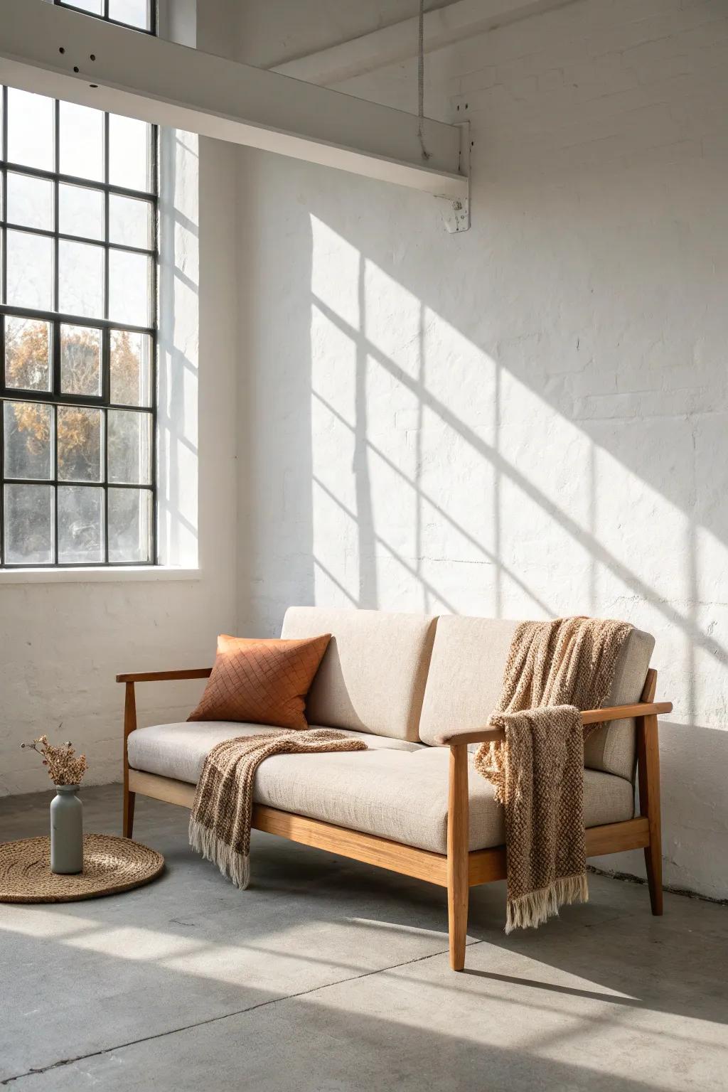 A small oak-frame sofa makes reception areas feel warm—add one side chair when needed.