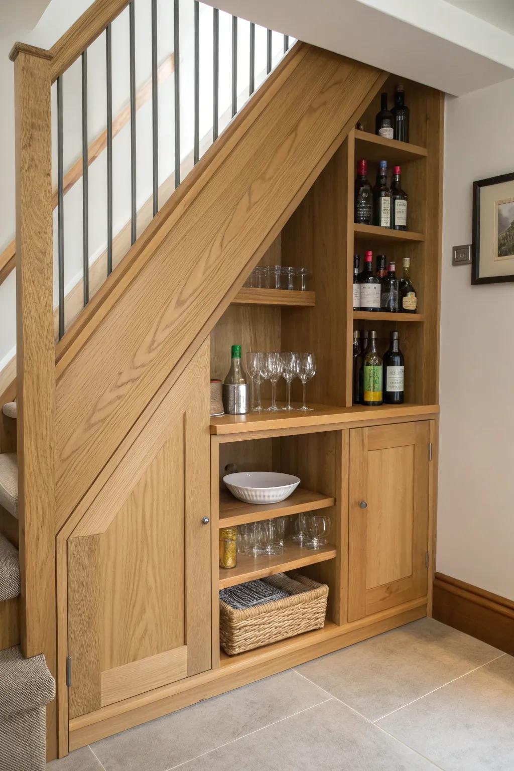 A sleek under-stair recessed bar nook with stepped oak shelves and a compact mixing ledge.