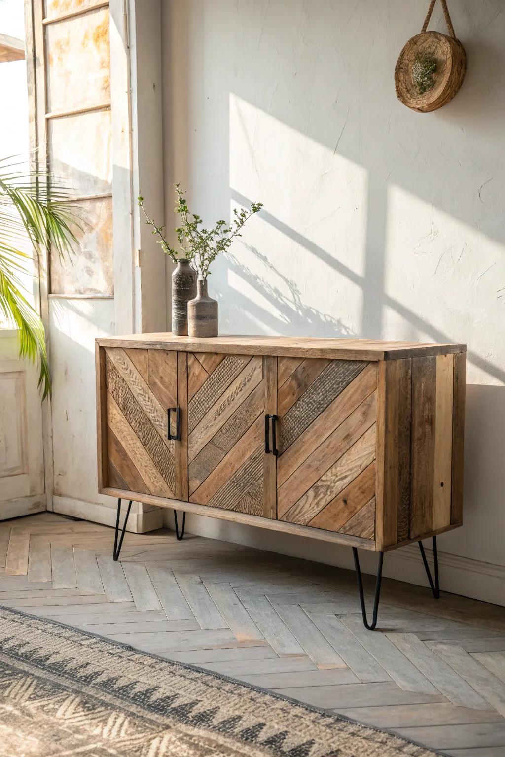 Mixed-width reclaimed planks turn this minimalist sideboard into warm, collected-over-time decor.