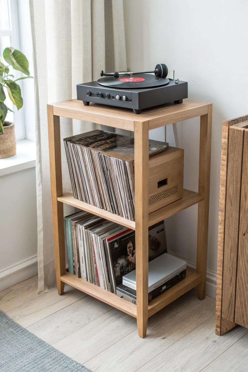 Compact two-tier record player stand with vertical vinyl rack—small footprint, big style.