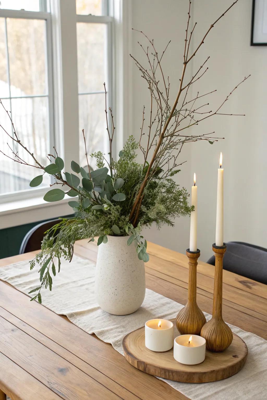 Mix tall branches with low candles for movement—balanced, minimal, and beautifully handmade.