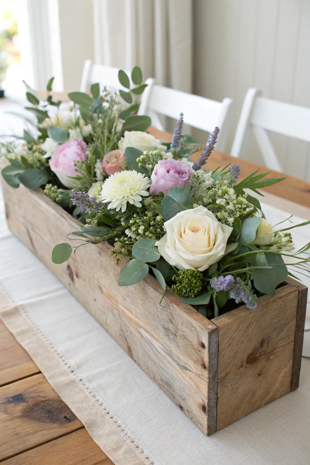 A handcrafted wooden trough centerpiece overflowing with airy blooms for a long table.