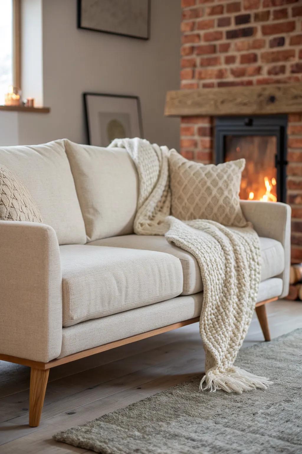 Neutral linen sofa with chunky knit layers, softly glowing against a red brick fireplace.