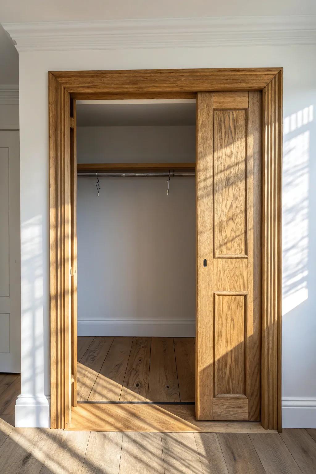 Chunky oak trim turns a doorless closet into a clean, built-in feature—no rough edges.