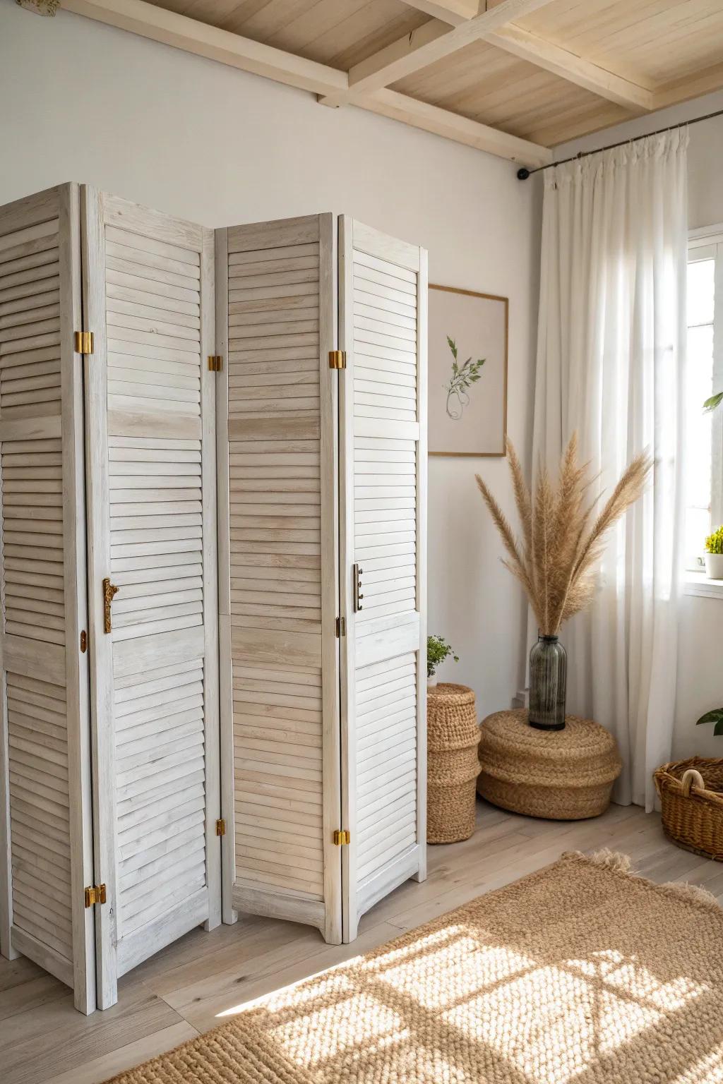 Turn old louvered closet doors into a chic folding screen to hide clutter in minutes.