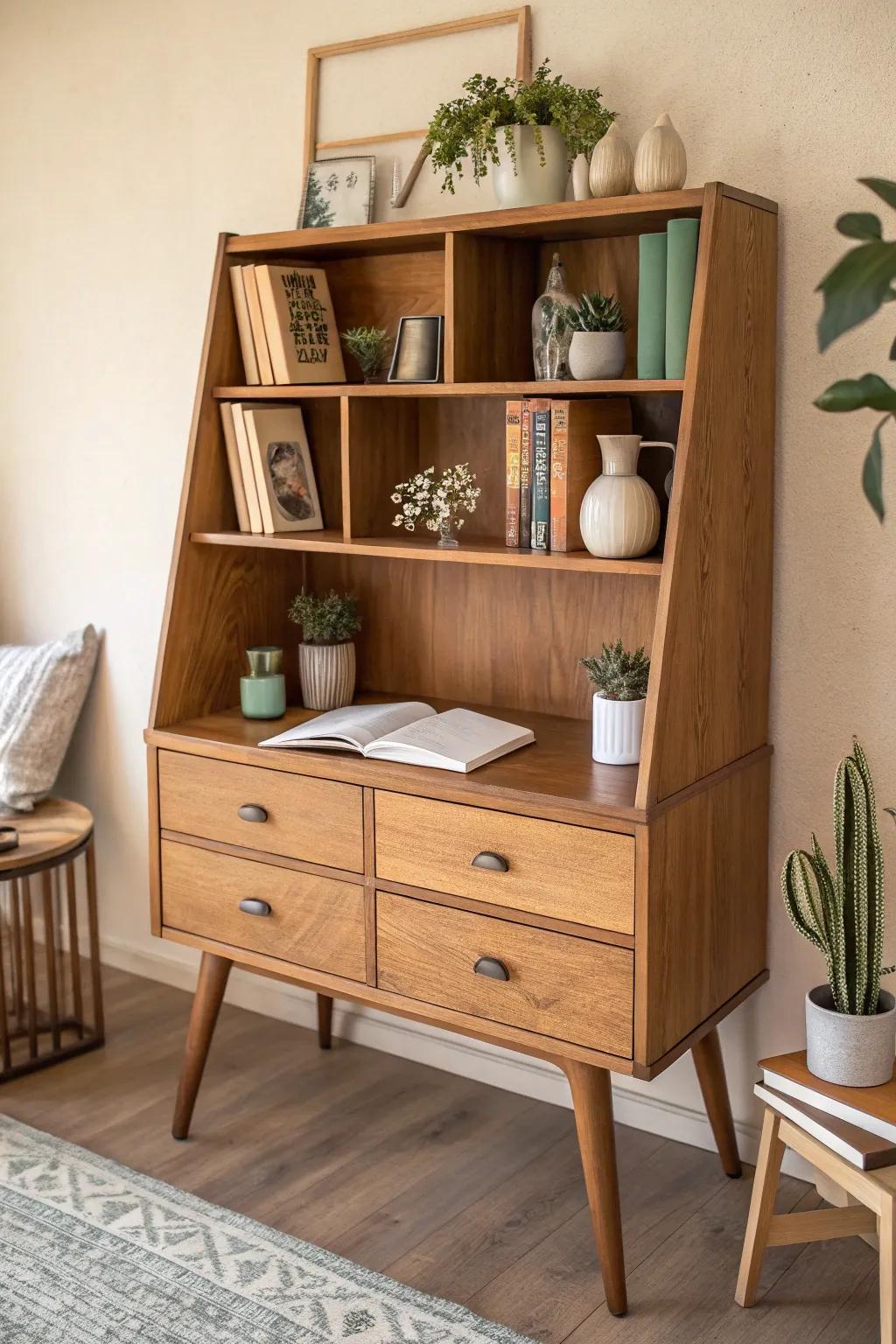 Transform your space with a chic bookshelf made from a repurposed desk – where simplicity meets style.