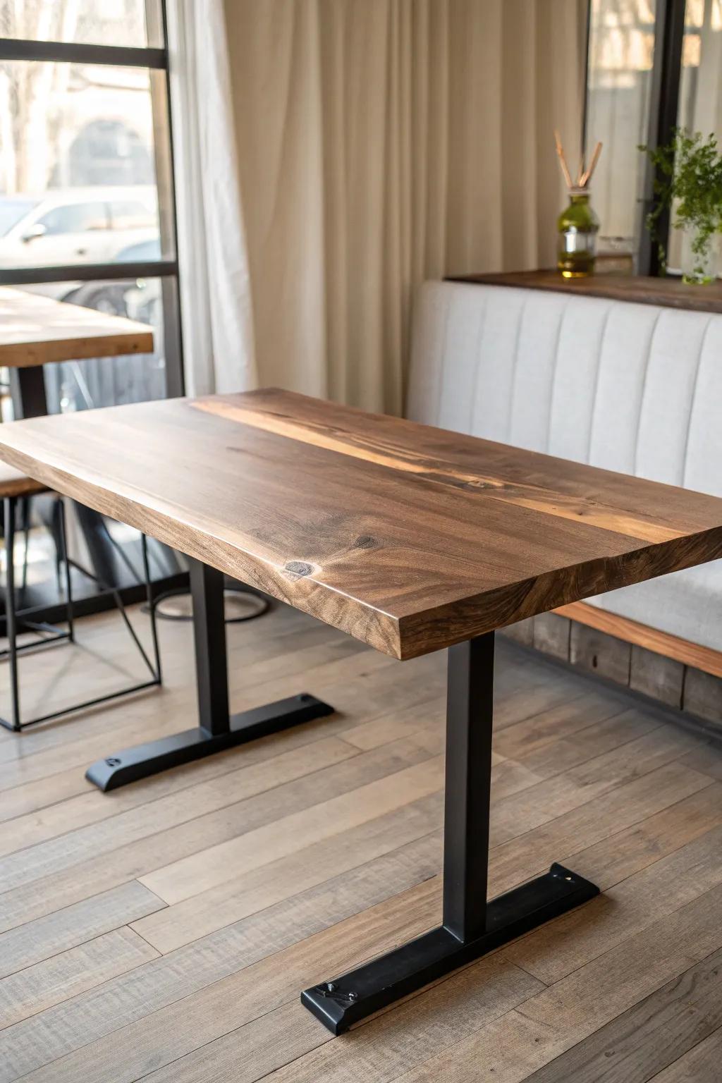 Warm walnut top on a sleek welded steel base—industrial strength with minimalist calm.