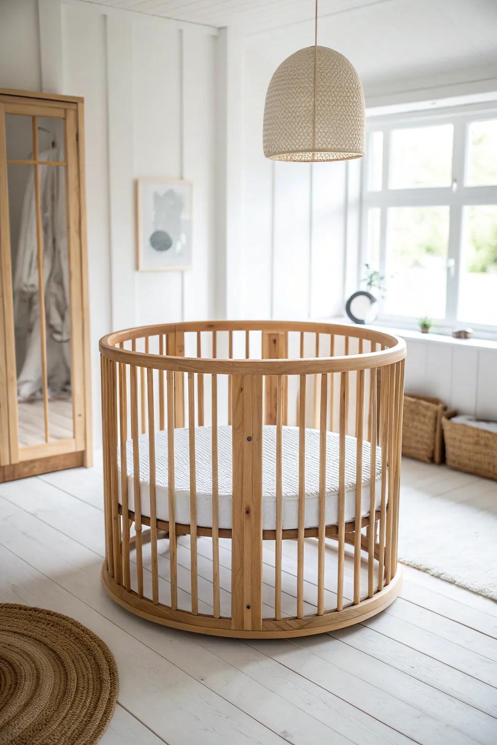 Natural oak + crisp white slats make a round crib feel airy, timeless, and beautifully handcrafted.