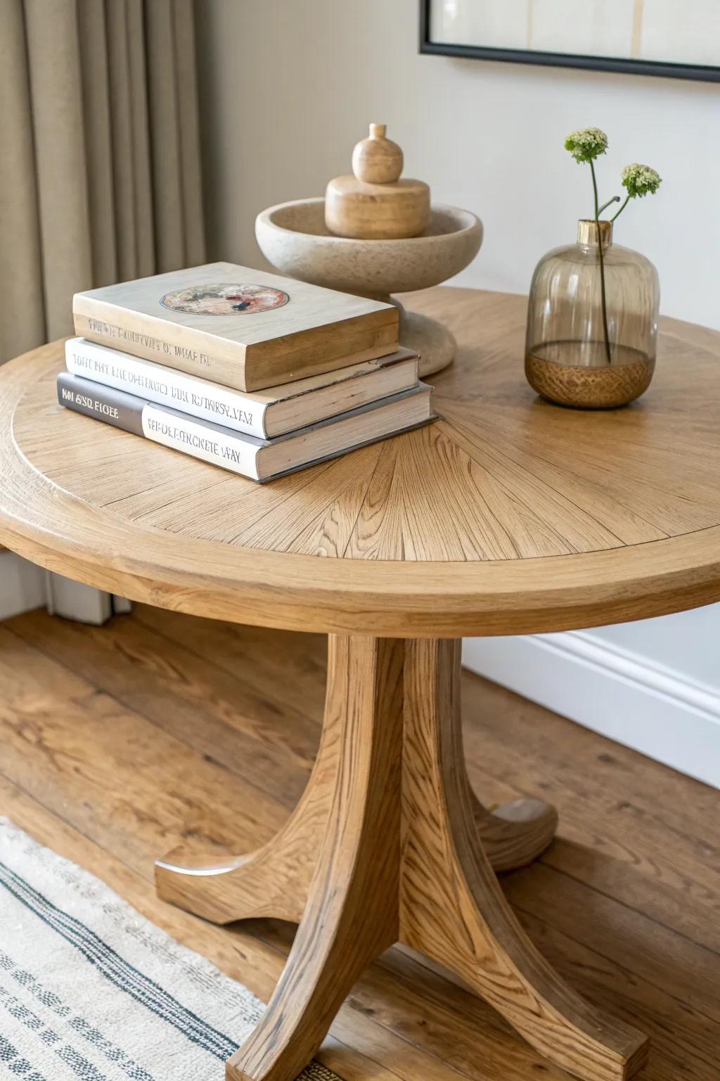 Stacked books + a hand-sanded wood offcut sculpture for a refined round entryway table.