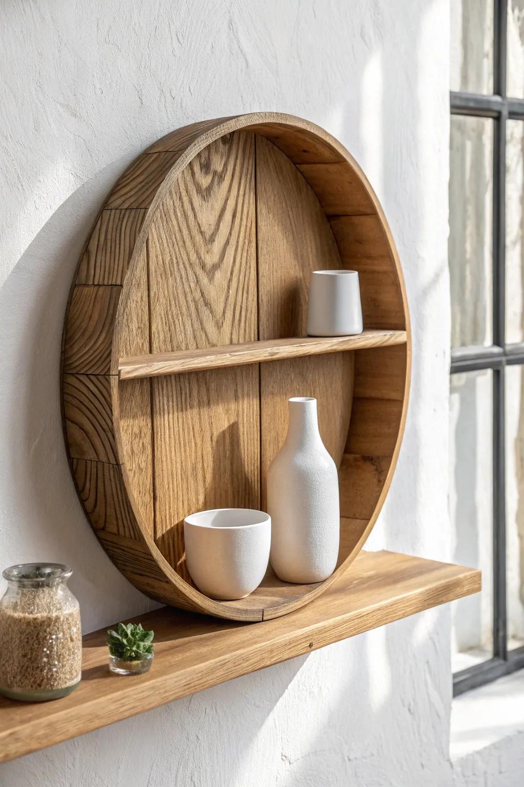 Natural oak round shelf with matte white ceramics—farmhouse contrast, clean and cozy.