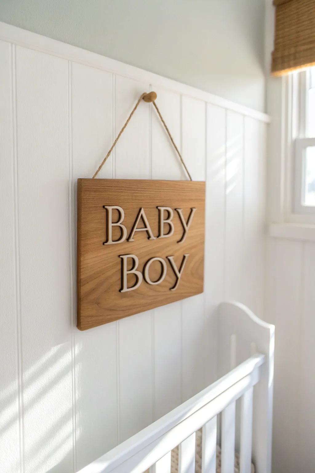 Personalized wooden name sign in warm oak tones—minimal, rustic, and perfect above the crib.