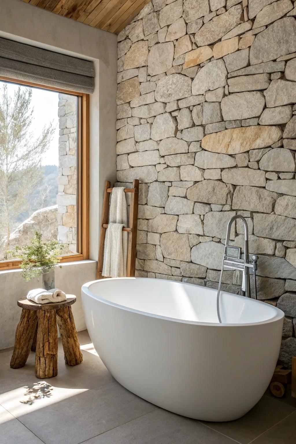 A crisp white freestanding tub pops against stacked stone—rustic contrast with a warm wood touch.