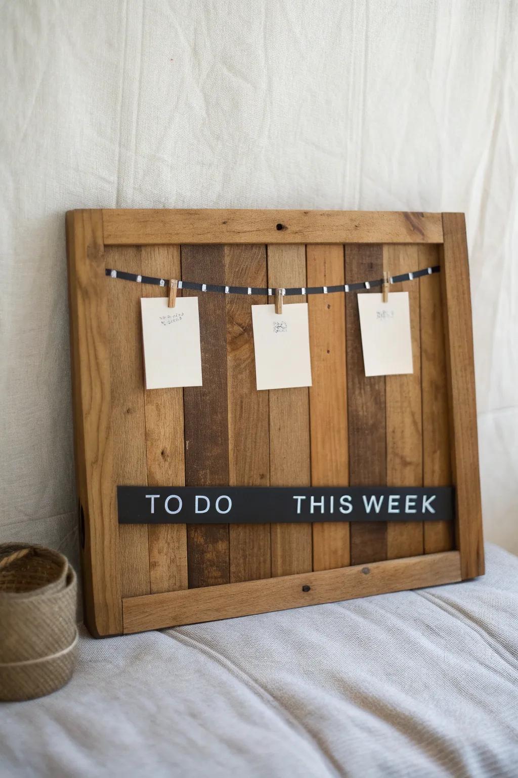 Rustic wood board, instantly tidier with a crisp black-and-white label strip for the week.