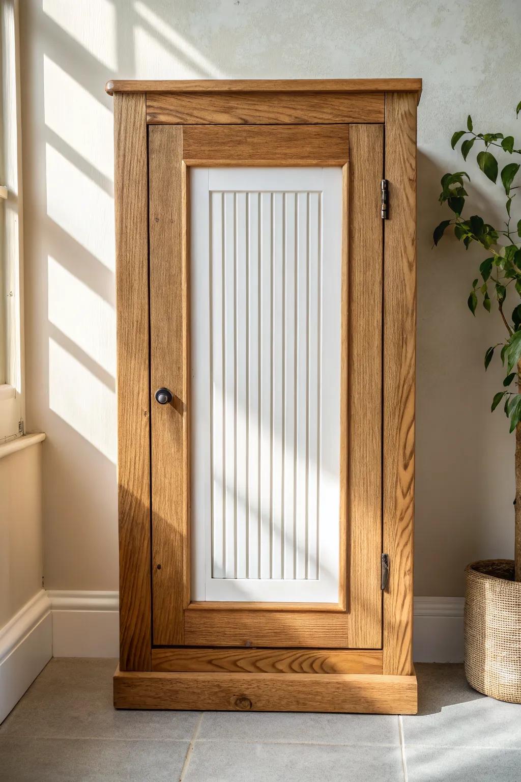Cozy beadboard inset cabinet door—warm wood frame meets cottage texture, light and airy.