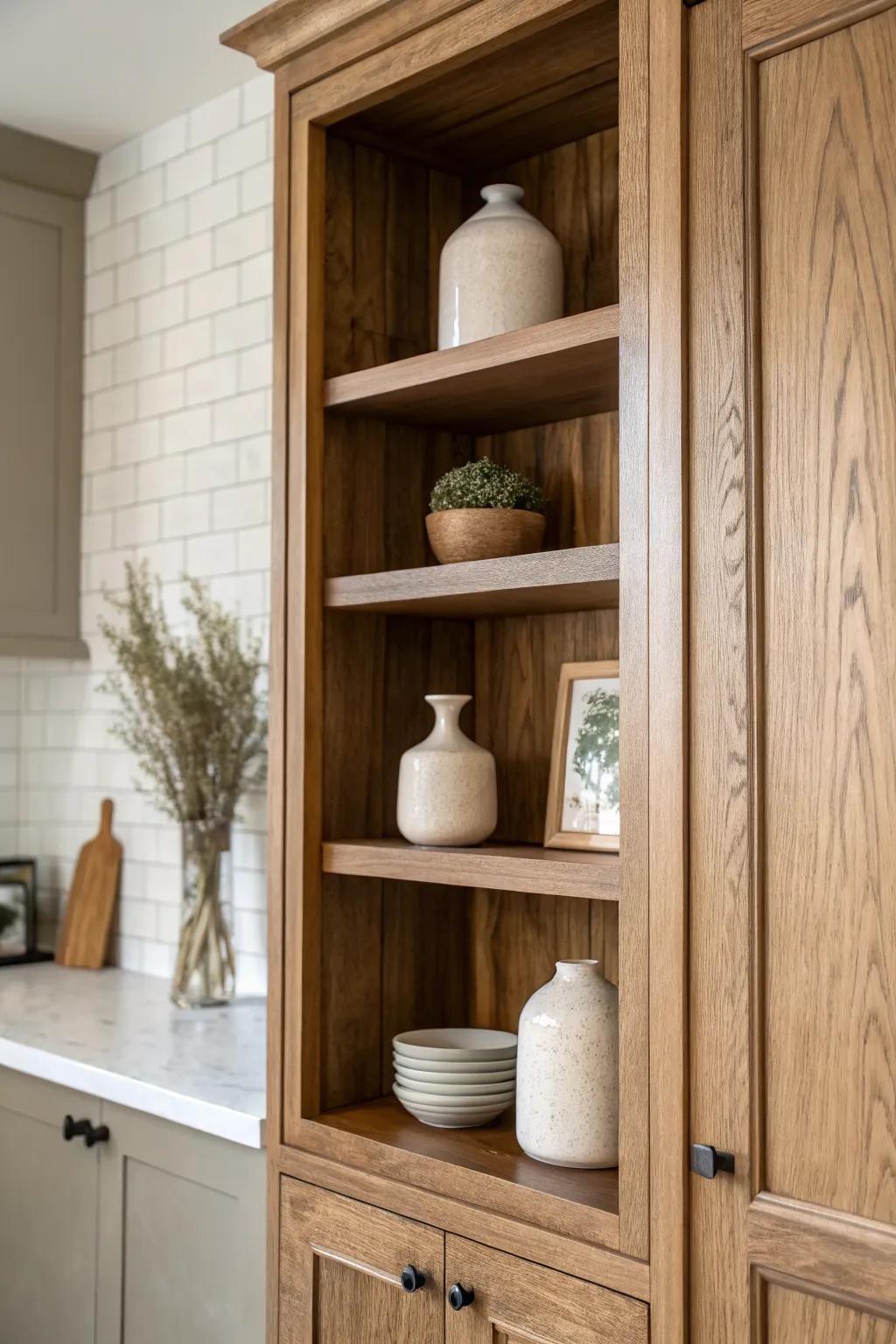 A rustic shelf break between uppers—warm wood, airy storage, and a curated look.