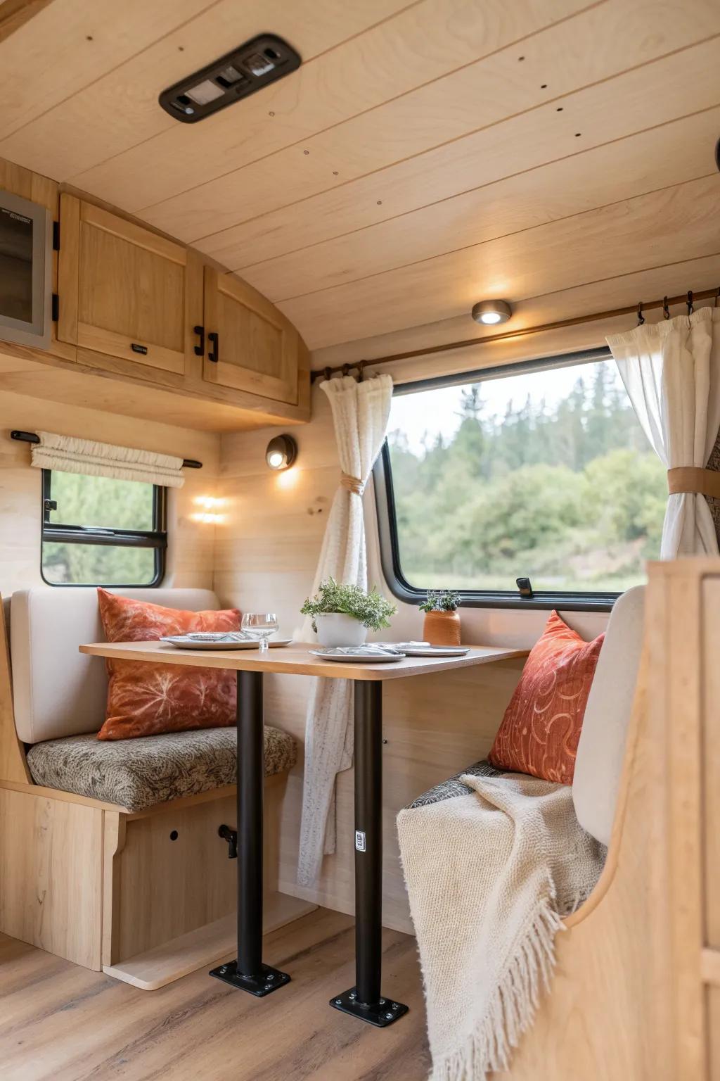 Cozy banquette with fold-down table—beautiful storage seating that converts to a camper bed.