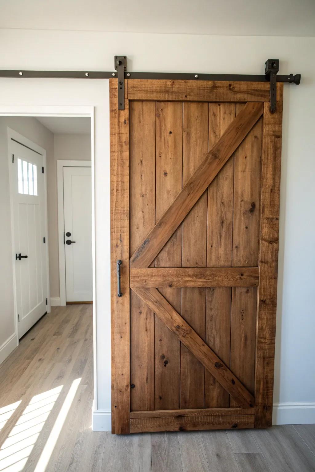 Rustic Z‑brace plank door: simple lines, deep stain, and barn‑wood character in minutes.