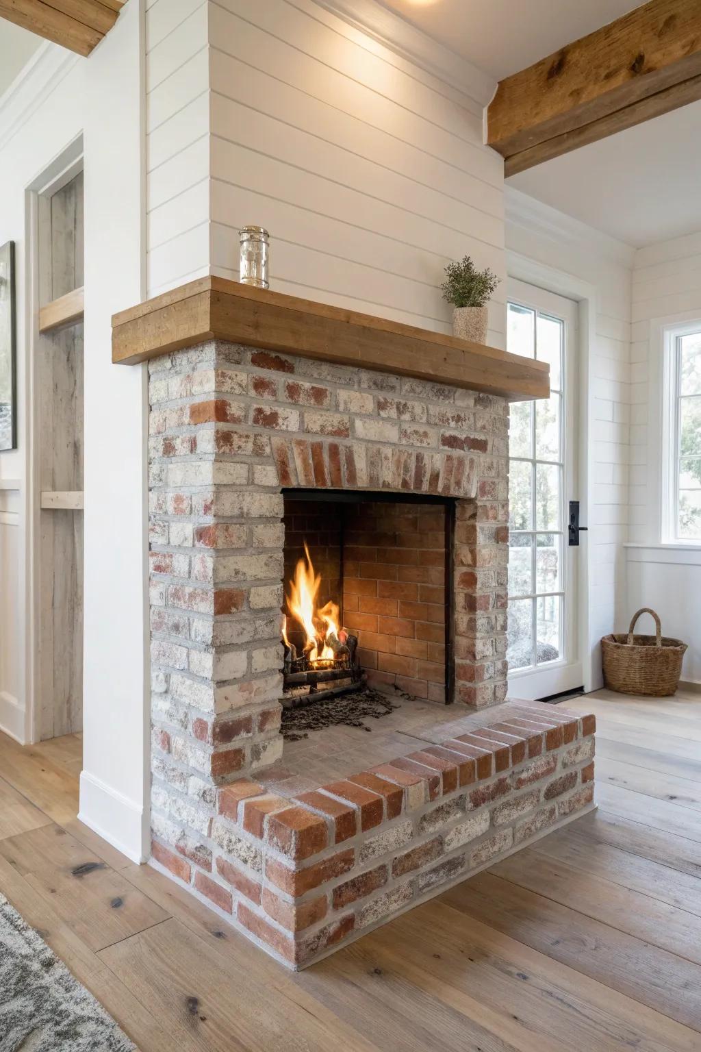 Reclaimed brick in a corner adds instant cozy character—finished with a simple oak mantel.