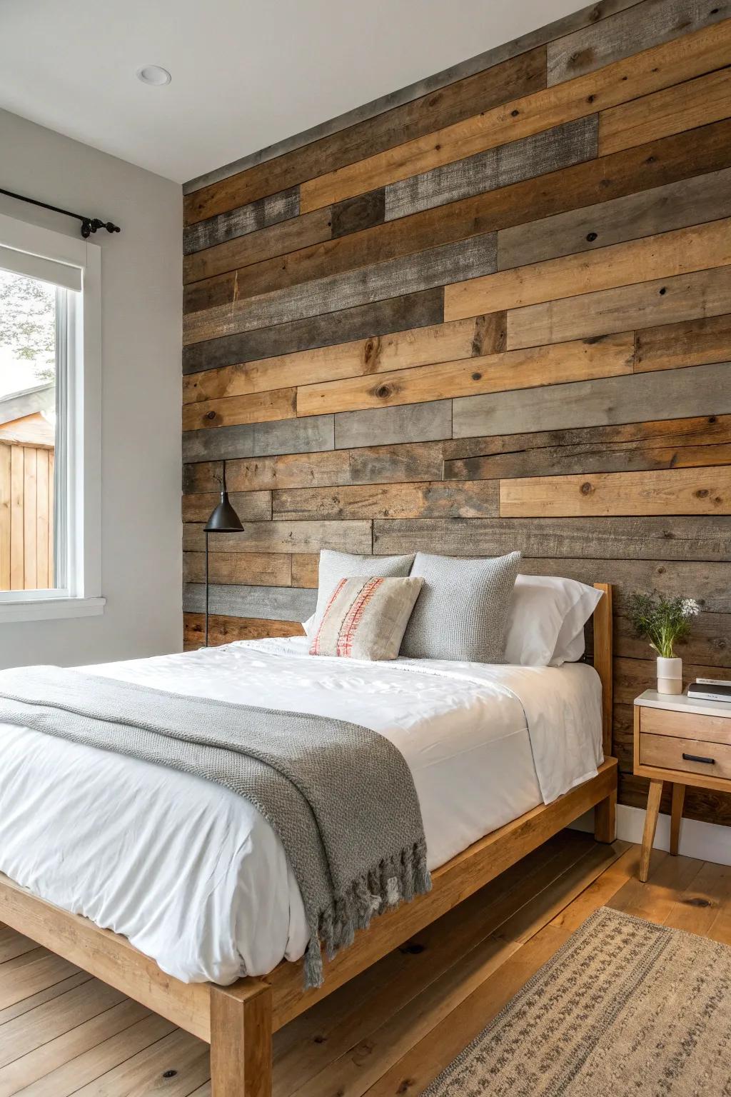 Instant country retreat: a barnwood accent wall brings warm history behind the bed.