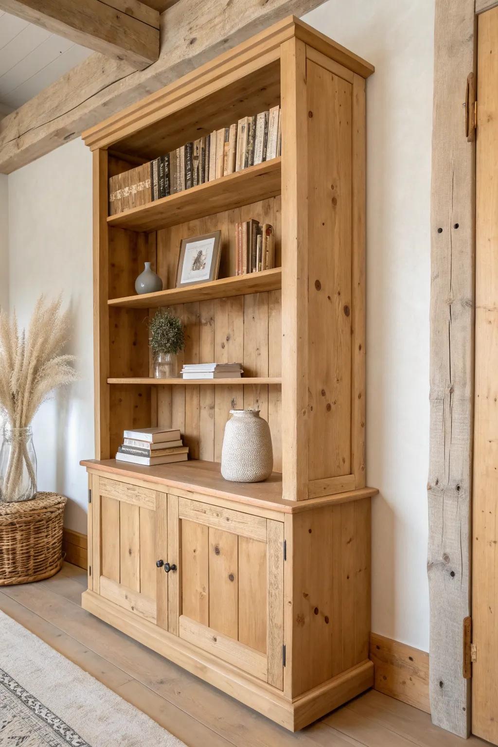 Knotty pine built-in shelves with a low-sheen stain—cozy rustic den storage, beautifully simple.