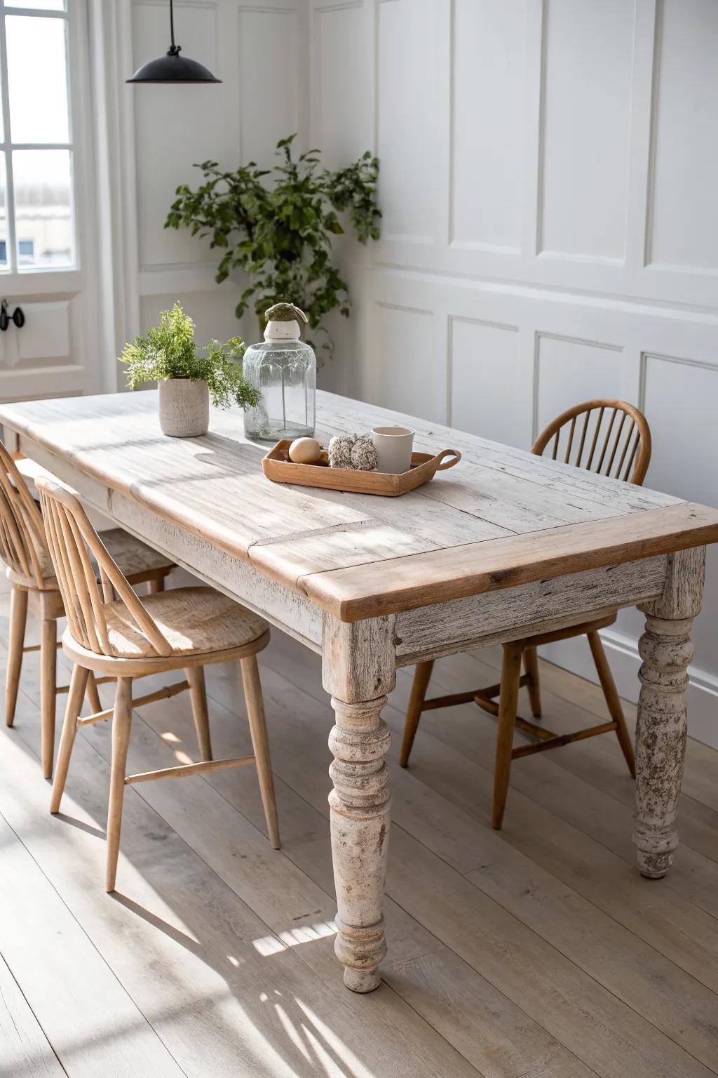 Soft whitewashed farmhouse table—bright, rustic, and glowing with visible wood grain.