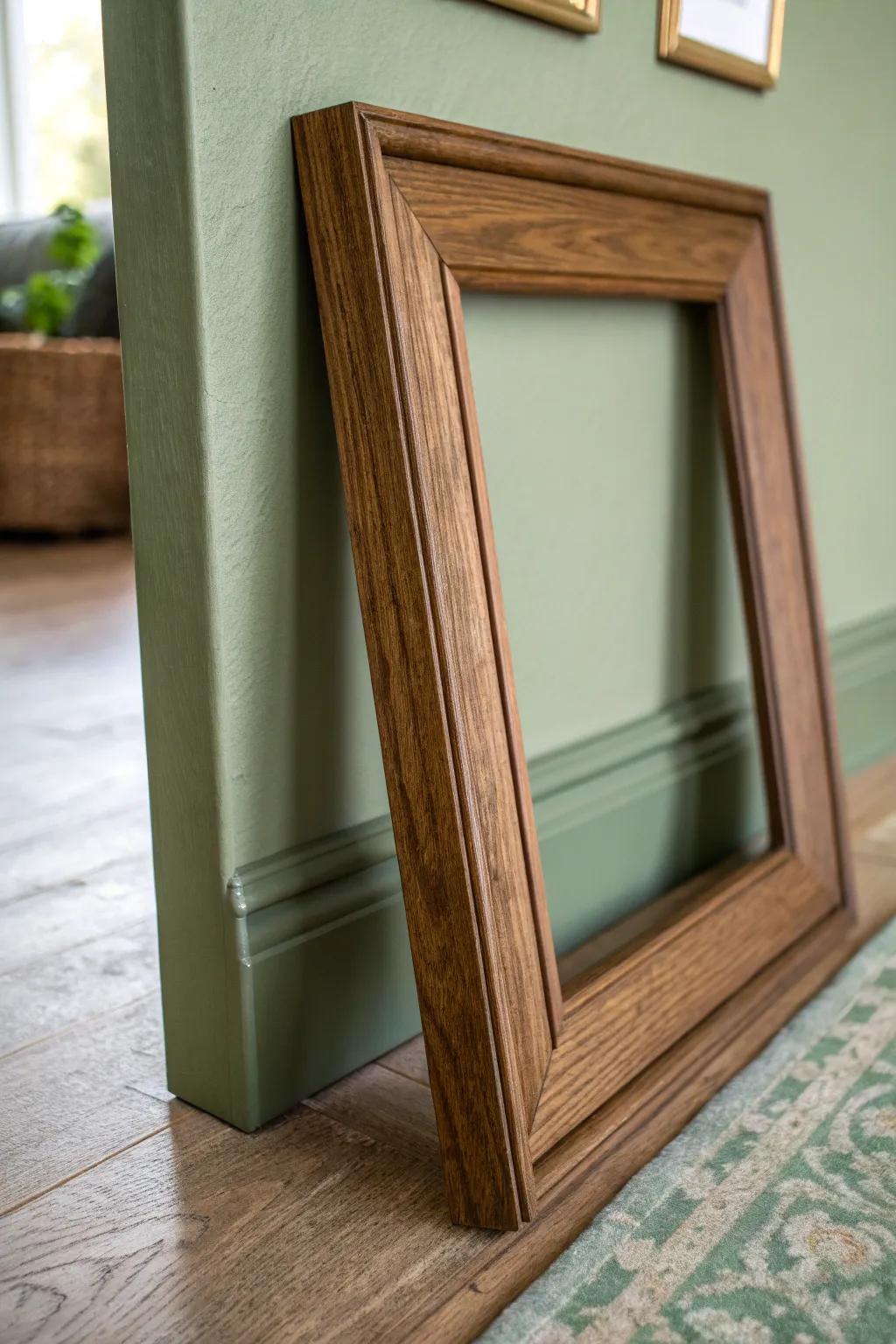 Sage green meets warm stained pine trim—an earthy accent wall detail with rustic elegance.