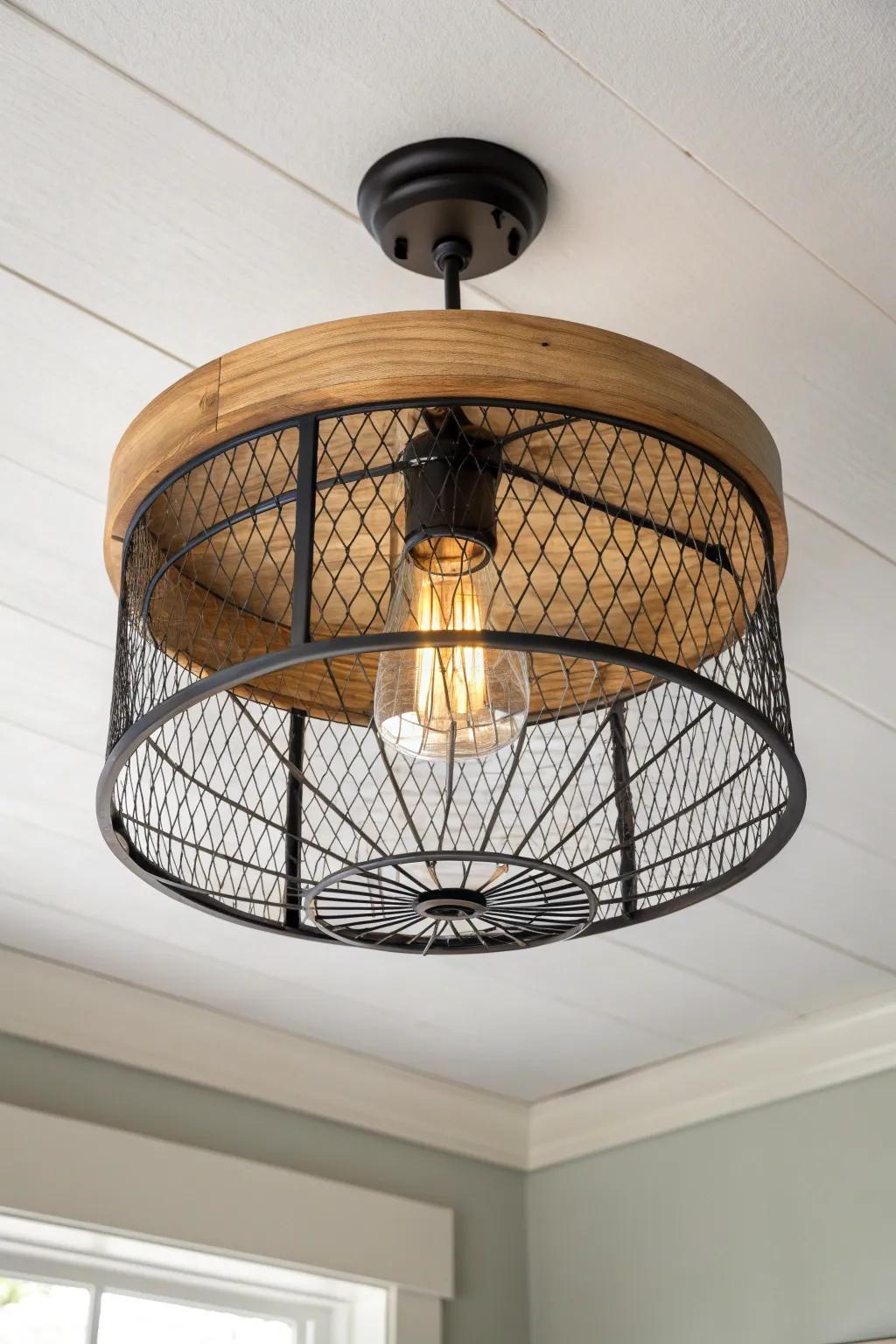Minimal rustic flush mount: wire-mesh drum shade with a warm wood band and soft glow.