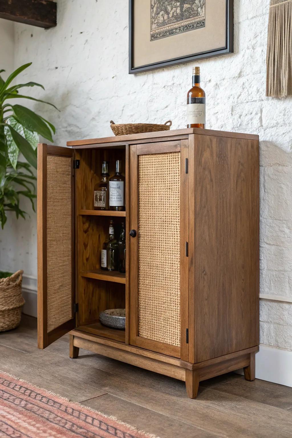 Petite reclaimed-wood bar cabinet—rustic, handmade charm that keeps game nights social.