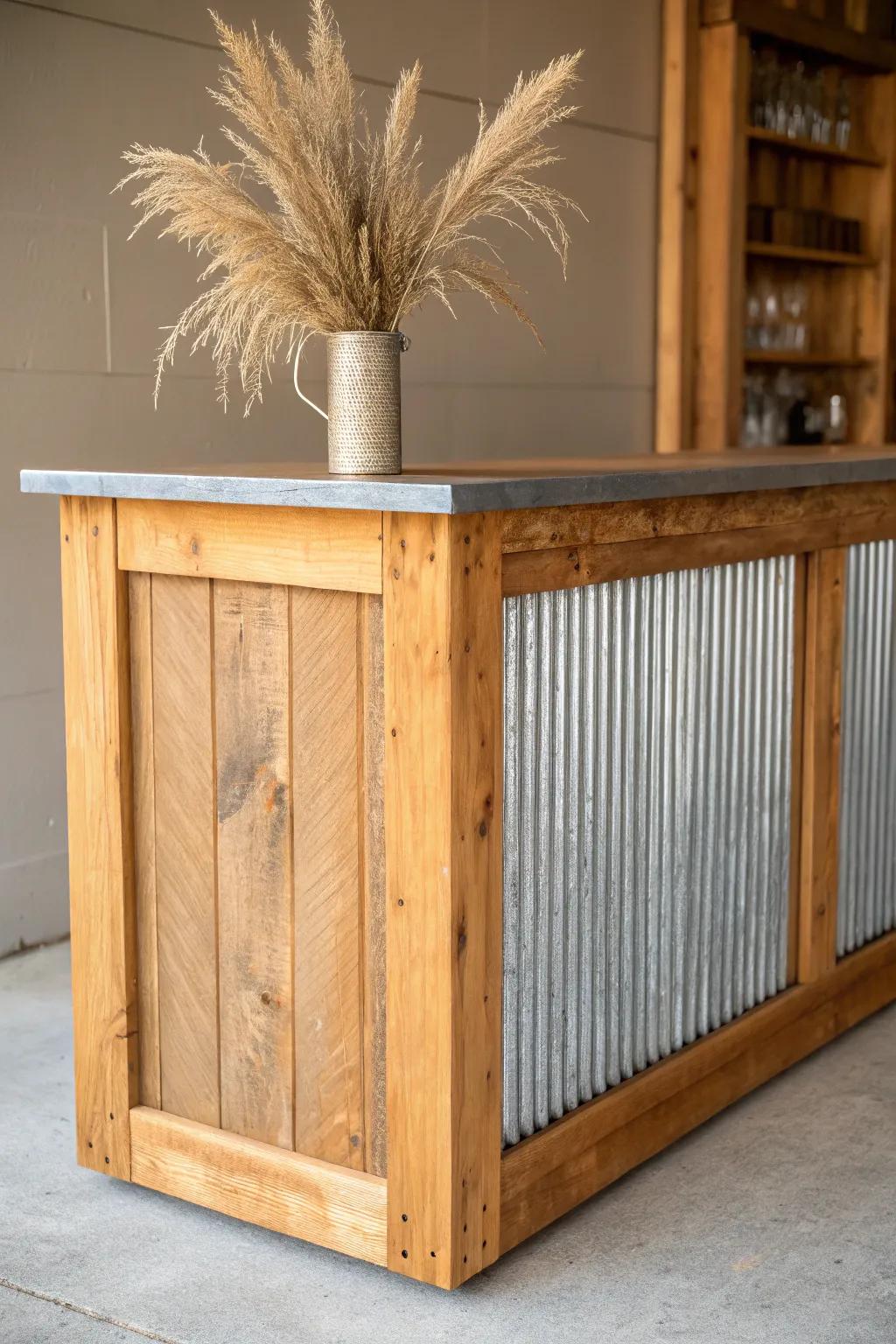 Corrugated metal panels add tough, industrial charm to a rustic garage bar—warm light makes them glow.