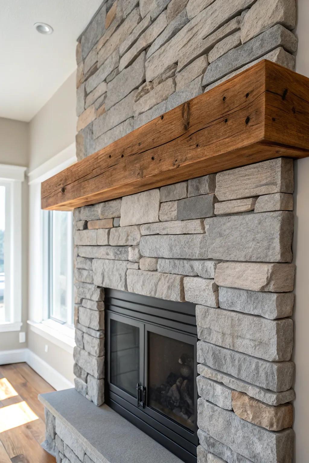 Warm brown beam mantel against cool grey stone—simple, rustic contrast with artisan charm.