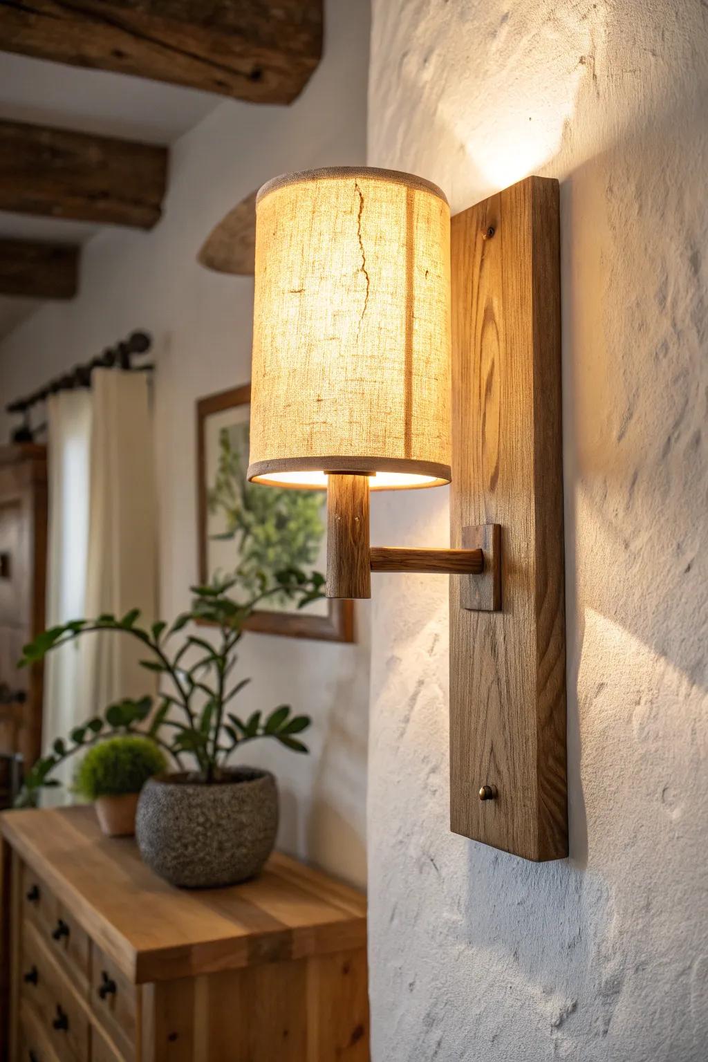Warm amber sconce light brings out rustic wood grain and makes a hallway feel instantly cozy.
