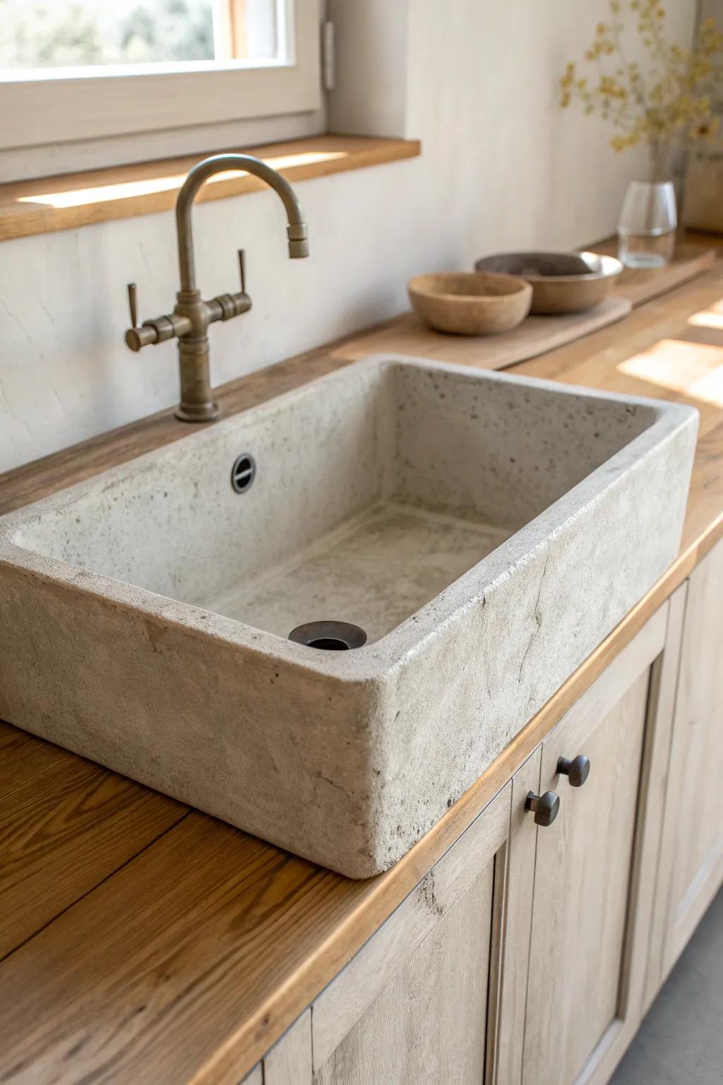 A weathered concrete sink that turns everyday water spots into rustic, modern character.