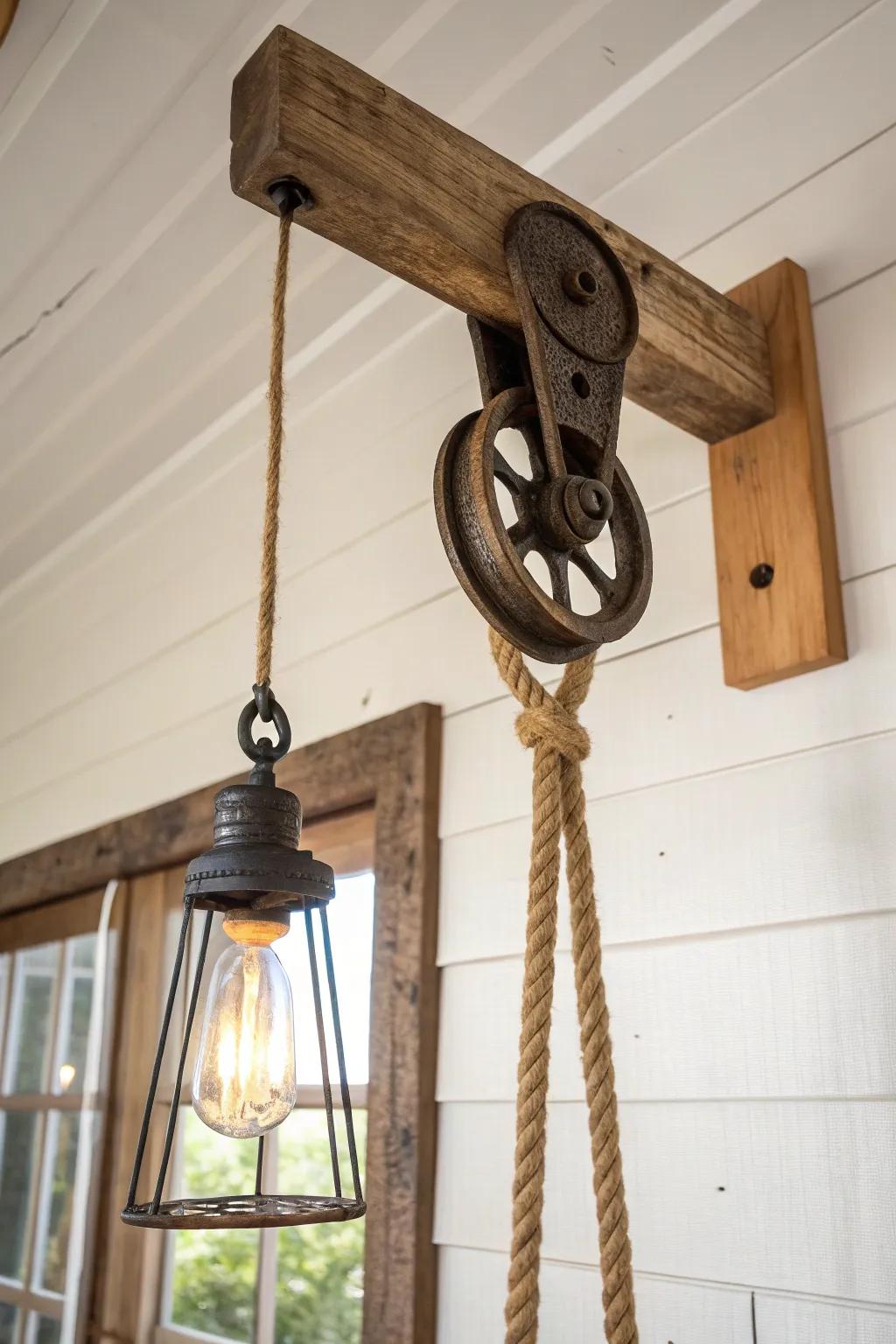 Barn pulley pendant with reclaimed oak bar—rustic charm, clean lines, warm glow.