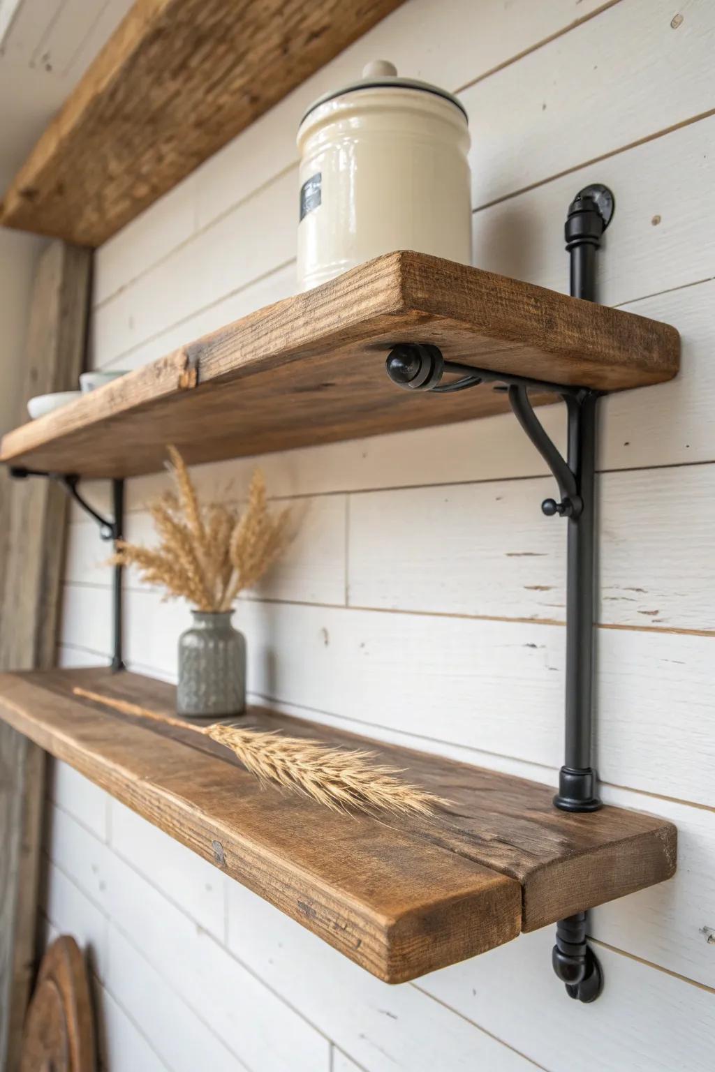 Warm wood grain meets matte black pipe brackets—industrial farmhouse support with Nordic calm.